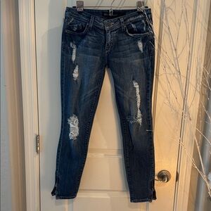 Classic Distressed Skinny Jeans in Dark Blue